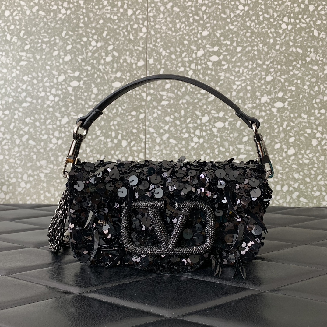 Valentino Garavani Loco Small Embroidered Shoulder Bag with Black Beaded Fringes